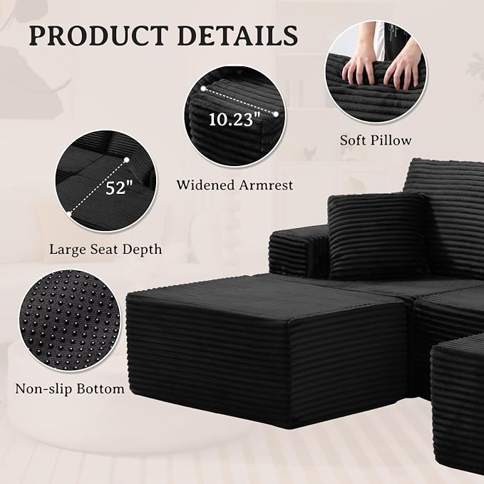 103" Modular Sectional Sofa, Comfort U Shaped Boneless Couch for Living Room, Extra Deep Seats No Assembly, Corduroy (Black, 3 Seater + 2 Ottomans）