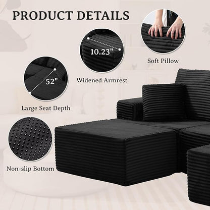 103" Modular Sectional Sofa, Comfort U Shaped Boneless Couch for Living Room, Extra Deep Seats No Assembly, Corduroy (Black, 3 Seater + 2 Ottomans）