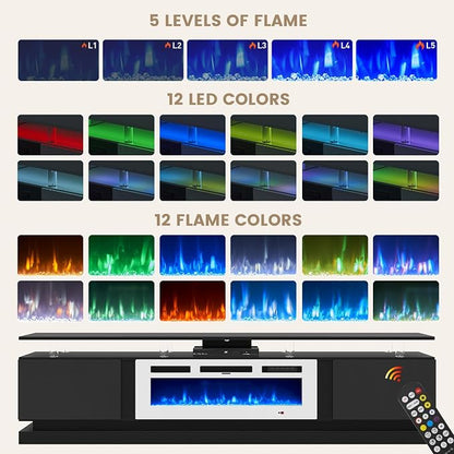 80" Fireplace TV Stand, Modern Entertainment Center for TVs Up to 90", TV Console with Storage Cabinets, Media Console for Living Room, Black TV Stand and White Fireplace