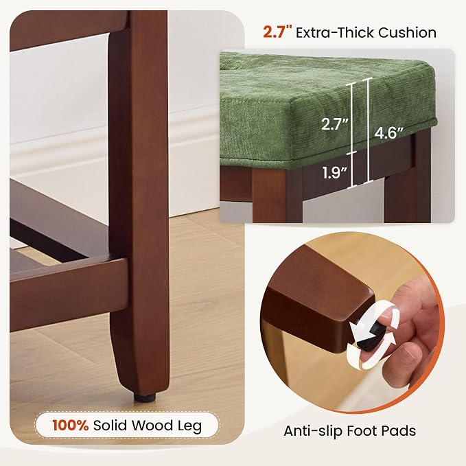 HUBSON 44" Entryway Shoe Bench, Upholstered End of Bed Bench with Solid Wood Shelf, Button Tufted Shoe Bench for Bedroom, Hallway, Living Room, Green