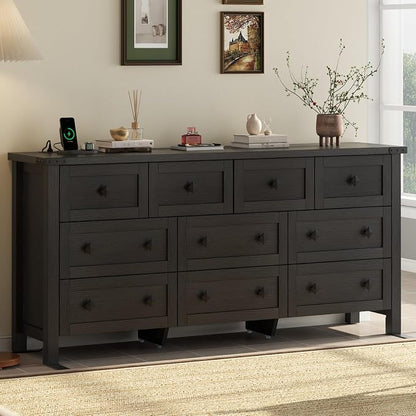 Gyfimoie 10-Drawer Dresser, 63" Farmhouse Wood Storage Chest of Drawers, Long Dresser TV Stand for TVs up to 75", Vintage Wide Dressers Organizer with Metal Handles for Bedroom, Black