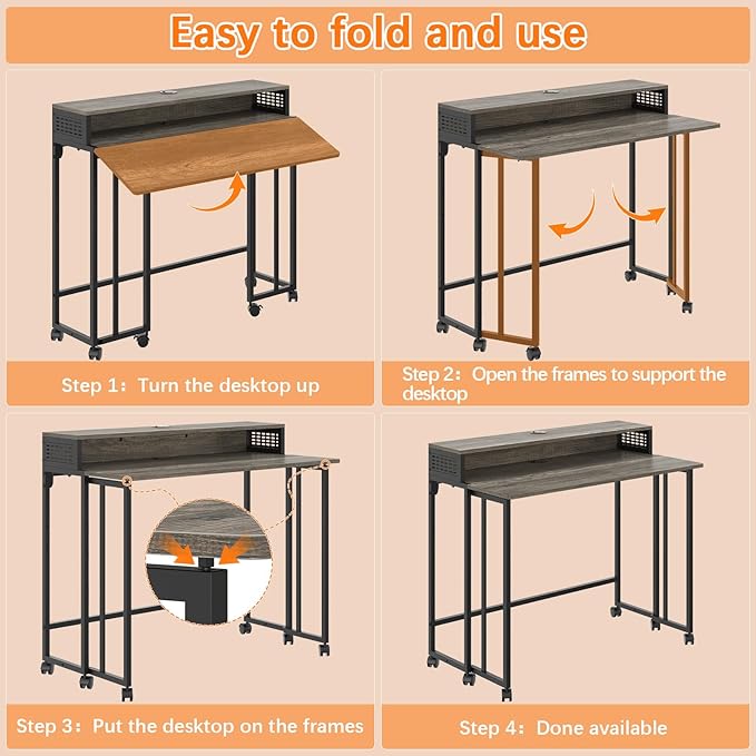 Gezen Folding Desk with Storage Shelf, Small Rolling Desk with Wheels, Mobile Sofa Side Table for Home Office Small Space, Dark Grey, 31.5"