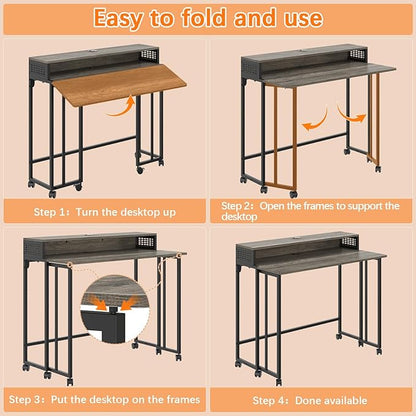 Gezen Folding Desk with Storage Shelf, Small Rolling Desk with Wheels, Mobile Sofa Side Table for Home Office Small Space, Dark Grey, 31.5"