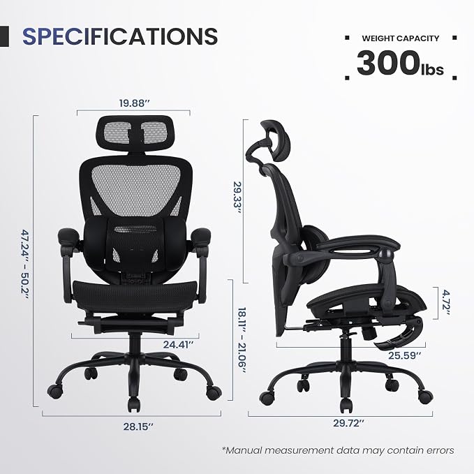 MALOL Ergonomic Mesh Office Chair with Footrest, Executive High Back Computer Desk Chair with 3D Adjustable Headrest & 5-Level Lumbar Support, Reclining Tilt Lock, 3D Arms, 300LBS Capacity, Black