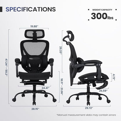 MALOL Ergonomic Mesh Office Chair with Footrest, Executive High Back Computer Desk Chair with 3D Adjustable Headrest & 5-Level Lumbar Support, Tilt Lock, 3D Arms, 300LBS, Z-Black