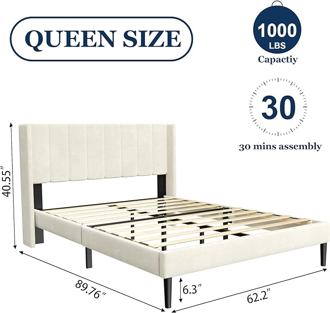 Sismplly Queen Bed Frame with Headboard,Bed Frame Queen Size Vertical Channel Tufted Wingback No Box Spring Needed, Mattress Foundation, Easy Assembly, Beige