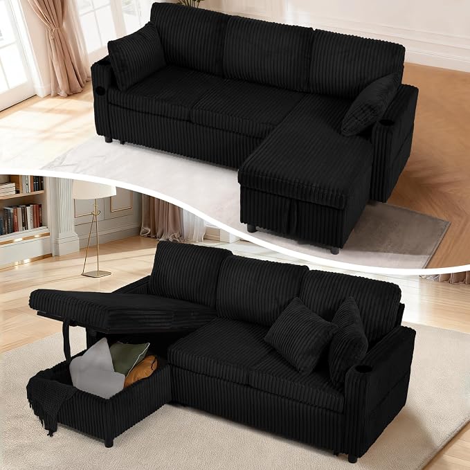 84" Corduroy Upholstered Sofa Bed w/Adjustable Backrests, Convertible Pull Out Sofa Bed w/USB Ports, L-Shape Sectional Sleeper Couch w/Cup Holder for Living Room,Apartment, Black