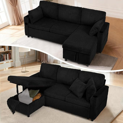 84" Corduroy Upholstered Sofa Bed w/Adjustable Backrests, Convertible Pull Out Sofa Bed w/USB Ports, L-Shape Sectional Sleeper Couch w/Cup Holder for Living Room,Apartment, Black