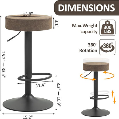 Finnhomy Bar Stools Set of 2 Counter Height, Swivel Barstools with Footrest and Backless Round, Height Adjustable Modern Bar stools for Kitchen, Vintage Leather, Retro Brown