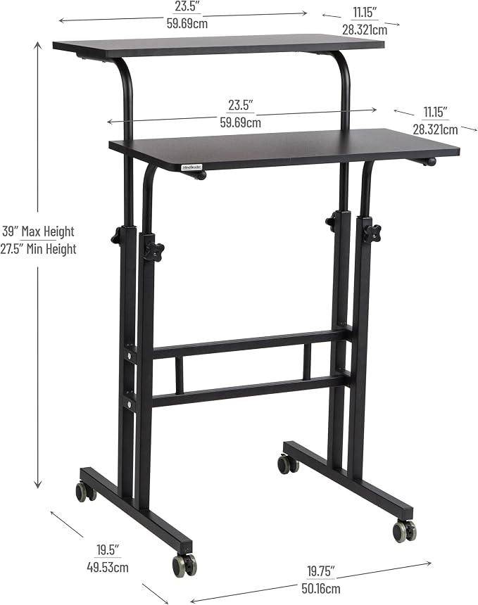 Mind Reader Standing Desk, Adjustable Height Laptop Workstation, Portable Rolling Desk on Wheels, Two-Tier Metal Frame, Black