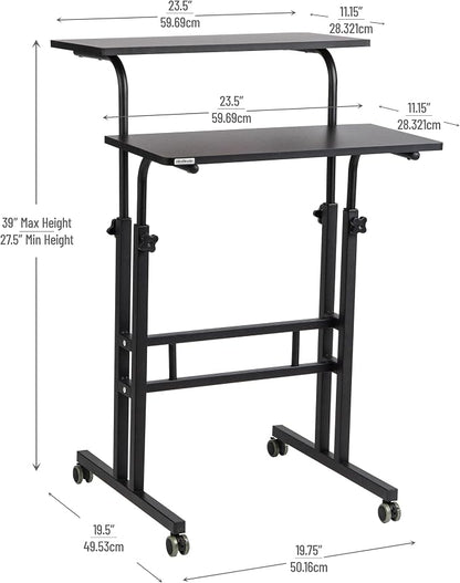 Mind Reader Standing Desk, Adjustable Height Laptop Workstation, Portable Rolling Desk on Wheels, Two-Tier Metal Frame, Black