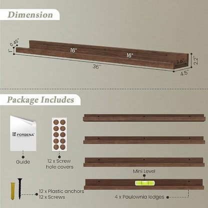 Forbena 36 Inch Picture Ledge Shelf, Floating Nursery Shelves for Wall | Solid Wood Material | Lip Edge | Ideal for Living Room Kids Bedroom Office Photo Frame Display | Walnut Brown | 4 Pack