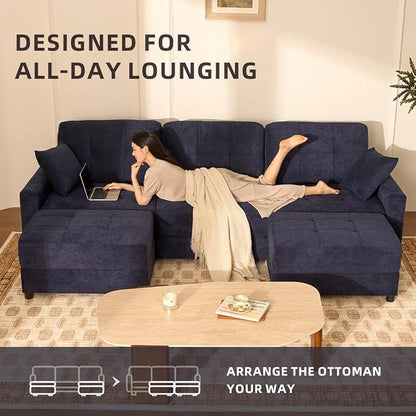 112" U Shaped Modular Cloud Sectional Couch, Waffle Fabric, Navy | Modular Deep Seat Sofa, Movable Ottoman, Pocket Spring Cushions, 2-Box Delivery, Living Room Lounge Use, Not Boneless