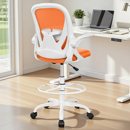Primy Drafting Chair Tall Office Chair with Flip-up Armrests Executive Ergonomic Computer Standing Desk Chair with Lumbar Support and Adjustable Footrest Ring (Sunset Orange)