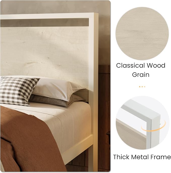 SHA CERLIN 14 Inch King Metal Platform Bed Frame with Wooden Headboard and Footboard, No Box Spring Needed, Large Under Bed Storage, Heavy Duty Slats Support, White Washed Oak