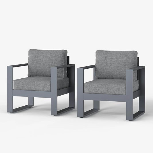 LayinSun Outdoor Patio Aluminum Chair, Metal Modern Armchair Set of 2 with Washable Thick Cushions