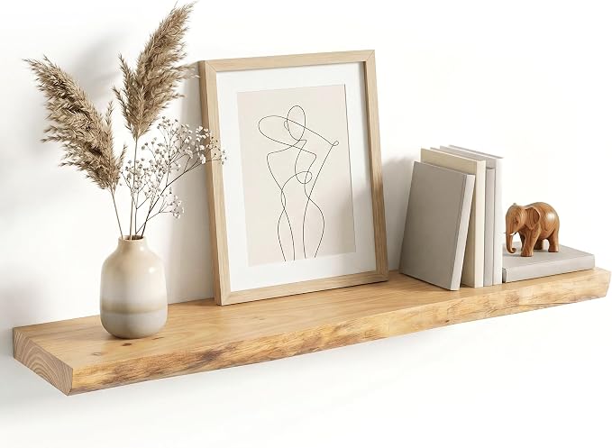 Venusmiles Live Edge Elm Floating Shelves for Wall Decor, Rustic Solid Wood Shevles Wall Mounted with Invisible Bracket for Living Room Bathroom Bedroom Kitchen, 40 Inch Set of 1, Natural