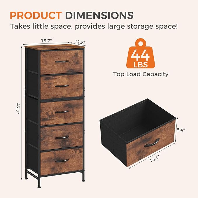 DUMOS Nightstand with 5 Drawers, Bedside Table with Removable Fabric Bins, Sturdy Steel Frame Wood Top Skinny Dresser for Bedroom Nursery Closet Living Room, Rustic Brown