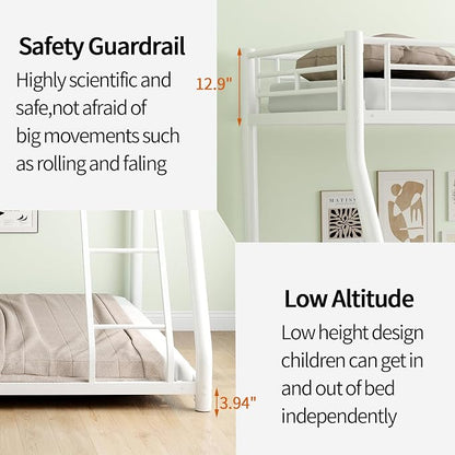 Metal Bunk Bed Twin Over Full Size with Removable Stairs, Heavy Duty Sturdy Frame with Full Length Safety Guardrail for Teen & Adults, Teens, No Box Spring Needed (White)