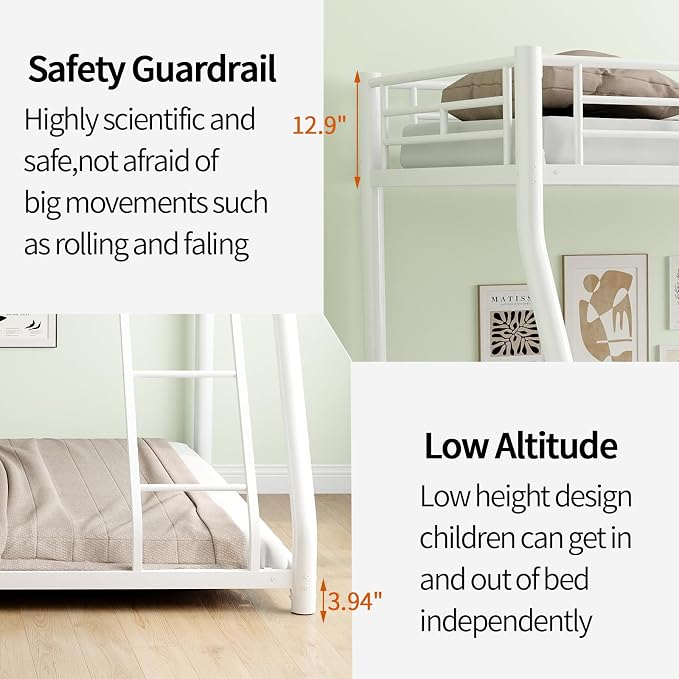 EMKK Twin Over Full Bunk Bed Metal Bunk Beds for Teens Adults, Heavy Duty, Twin Over Full Size Bunk Beds with Ladder & Safety Guardrails,No Box Spring Needed,Easy to Assemble,White