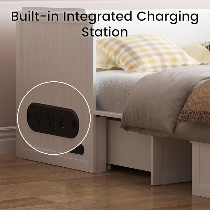 PUREMIND Murphy Bed Queen with Mattress Included, X-Farmhouse Frames Cabinet Beds Chest with Charging Station & Storage Drawers, Convertible Hideaway Cabinet Bed for Guest Room, White