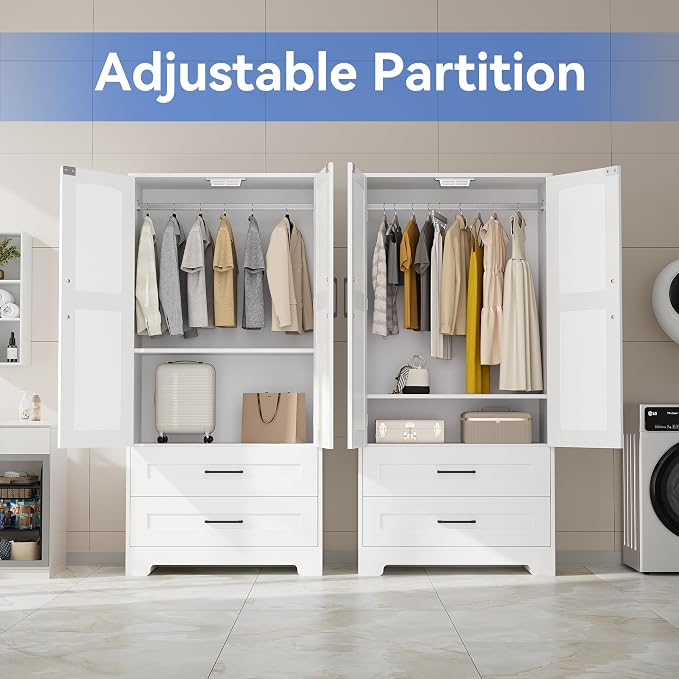 Wooden Armoire Wardrobe Closet, Bedroom Armoires with Door and Drawers, Freestanding Wardrobe Clothing Storage Cabinet with Shelves and Hanging Rod for Bedroom, Laundry Room, Cloak Room（White）