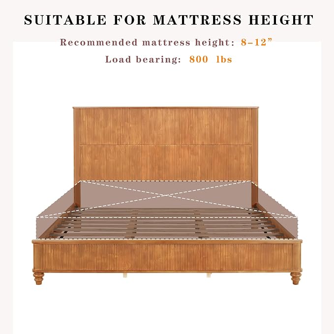 3-Pieces Bedroom Sets, King Size Platform Bed with 2 Nightstands, Solid Wood Platform Bed Frame with Tall Headboard and Classic American Turned Legs (Natural, King)