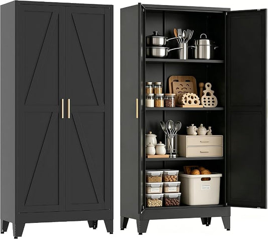 61”H Metal Kitchen Pantry Cabinet, Pantry Cabinets with 2 Doors and 3 Shelves, Kitchen Cabinet for Kitchen, Dining Room, Living Room and Bathroom, Black