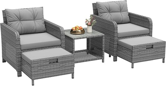 LHBcraft Balcony Furniture 5 Piece Patio Chairs Conversation Set, PE Wicker Rattan Outdoor Lounge Chairs with Soft Cushions 2 Ottoman-Glass Table for Porch, Charcoal