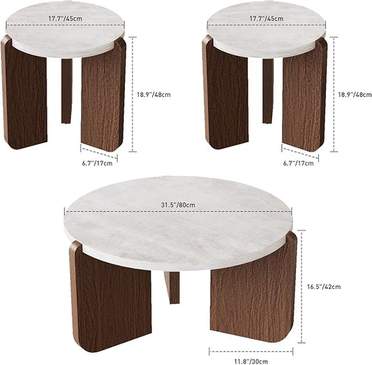 COSIEST Modern Round Coffee Table & 2 Side Tables Set, Faux Marble Wood Top, Walnut & Cream White Legs, Minimalist Living Room Center & Accent Tables(3 PCS)