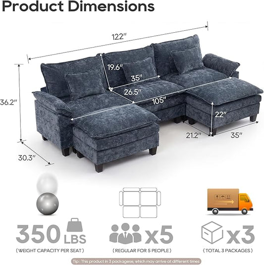 URRED Oversized Modular Sectional Sofa, 122" U Shaped Modern Comfy Cloud Couch with Movable Ottoman & Pillows, Deep Seat Couches for Living Room, Bedroom or Apartment (Chenille Blue, 122" U Shaped)