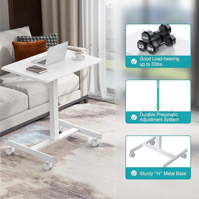 DUMOS Mobile Small Standing Desk, Portable Rolling Laptop Desk with 2 Lockable Wheels, Adjustable Height Computer Workstation for Home Office, 19 Inch White