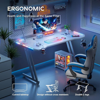HLDIRECT 55 Inch Gaming Desk with LED Lights Carbon Fibre Surface Gaming Table Large Computer Desk Ergonomic Home Office Desks Z Shaped PC Gamer Workstations with Cup Holder & Headphone Hook White