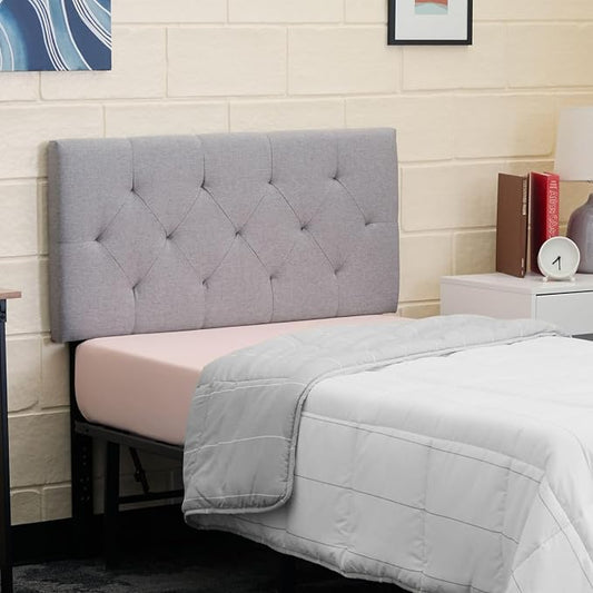 Lucid Mid-Rise Upholstered Headboard - Diamond Tufted - Padded Polyester - Adjustable Height from 34” to 46” - Easy Assembly - Bed Frame or Wall Mount - Sturdy - Stone - Twin / Twin XL Size