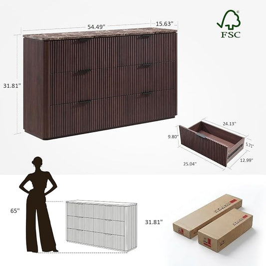Dresser for Bedroom with 6 Drawers, 54"W Chest of Drawers, Fluted Dresser with Faux Marble Top, Curved Profile Design, Metal Handle, Wood Closet Storage Organizer for Living Room, Hallway, Dark Oak