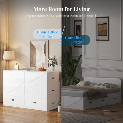PUREMIND Murphy Bed Queen with Mattress Included, Wood Cabinet Bed with Dual Storage Drawers & 2 Pillows, 3-in-1 Convertible Sofa Beds for Small Space, Guest Room, Home Office, White