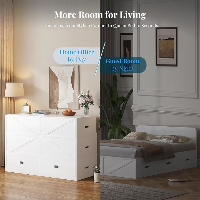 PUREMIND Murphy Bed Full with Mattress Included, Wood Cabinet Bed with Dual Storage Drawers & 2 Pillows, 3-in-1 Convertible Sofa Beds for Small Space, Guest Room, White