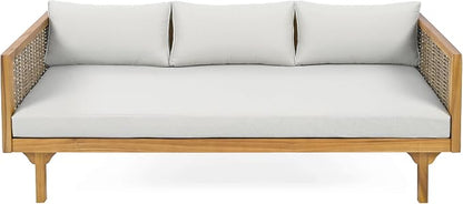 Merax Outdoor Acacia Wood Conversation Set, 3-Seat Loveseat Sofa w/Coushion, Round Coffee Table for Backyard, Patio Furniture, Teak+Light Gray