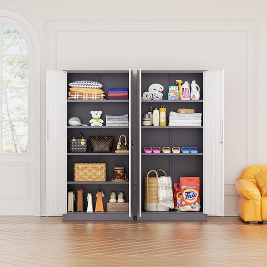 Bonusall 72" Metal Garage Storage Cabinet， Heavy-Duty Steel Cabinet with 2 Locking Doors & 4 Adjustable Shelves for Home, Office, or Workshop Organization(White Grey)