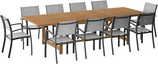 Amazonia Franklin 11-Piece Teak Finish Wood and Aluminum Rectangular Extendable Patio Dining Set | Ideal for Outdoors and Indoors