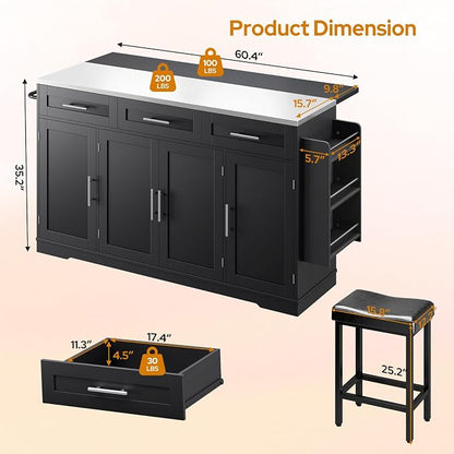 Concho 71'' Kitchen Island with Seating and Stainless Steel Countertop, Rolling Kitchen Carts on Wheels with Folding Drop Leaf, Bar Stool, Power Outlet, Spice/Towel Rack, Black