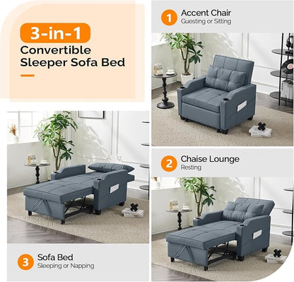VINGLI Sleeper Chair with Pull Out Couch Bed, 3-in-1 Convertible Sofa Bed Chaise Recliner with USB Ports, Cup Holders, Side Pockets for Living Room Bedroom Small Spaces