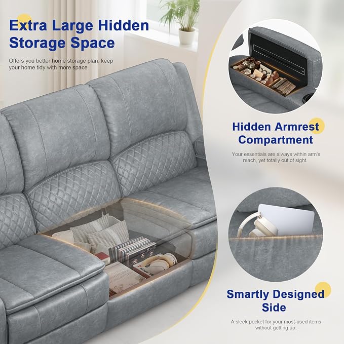 Recliner Sofa 3 Seater Sofa with Recliner, Home Theater Seating with Liftable Console & Removable Armrest, Manual PU Leather Reclining Couch with Cup Holders & USB Ports for Living Room/RV (PU,Grey)