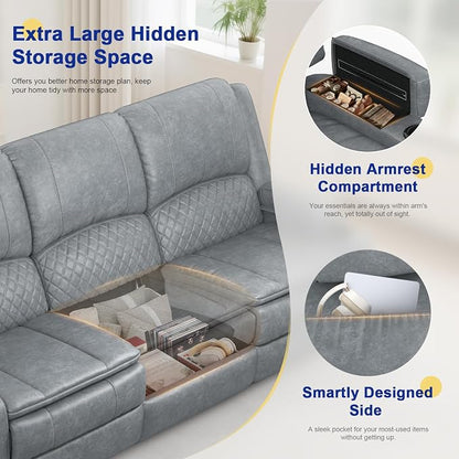 Recliner Sofa 3 Seater Sofa with Recliner, Home Theater Seating with Liftable Console & Removable Armrest, Manual PU Leather Reclining Couch with Cup Holders & USB Ports for Living Room/RV (PU,Grey)