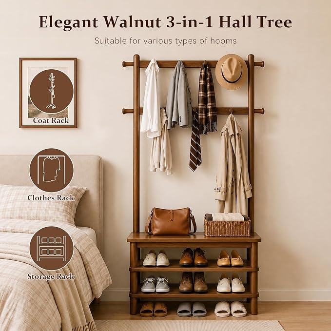Hall Tree, 3-in-1 Entryway Bench with Coat Rack, 11 Hooks and 2-Tier Hall Tree with Shoe Storage Bench, Solid Wood Coat Rack Freestanding, 27.2" Long