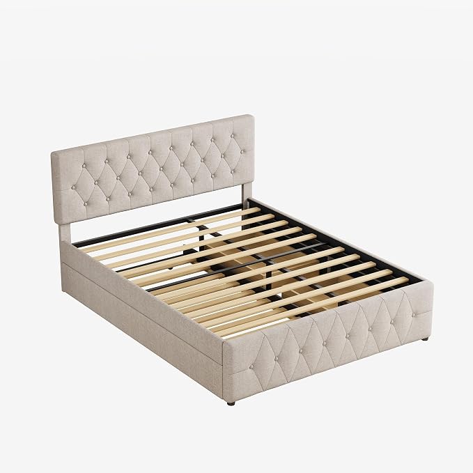 Ball & Cast Queen Bed Frame with Adjustable Headboard,Upholstered Platform Bed Frame Queen Size with 2 Wood Storage Drawers & Pull‑Out Trundle Bed,Wooden Slats Support,No Box Spring Needed,Taupe