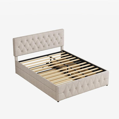 Ball & Cast Queen Bed Frame with Adjustable Headboard,Upholstered Platform Bed Frame Queen Size with 2 Wood Storage Drawers & Pull‑Out Trundle Bed,Wooden Slats Support,No Box Spring Needed,Taupe