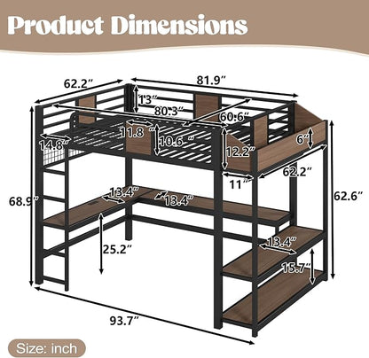 Bellemave Queen Size Loft Bed with Desk and USB Ports, Clothes Hanging Rod, LED, Metal Full Loft Bed Frame for Adults, Kids, Teens, Black