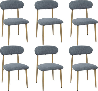 FREKEN Modern Upholstered Dining Chairs Set of 6, Mid-Century Metal Frame with Wood Grain, Linen Fabric Side Chair for Kitchen Dining Room, 350lbs Capacity, Grey