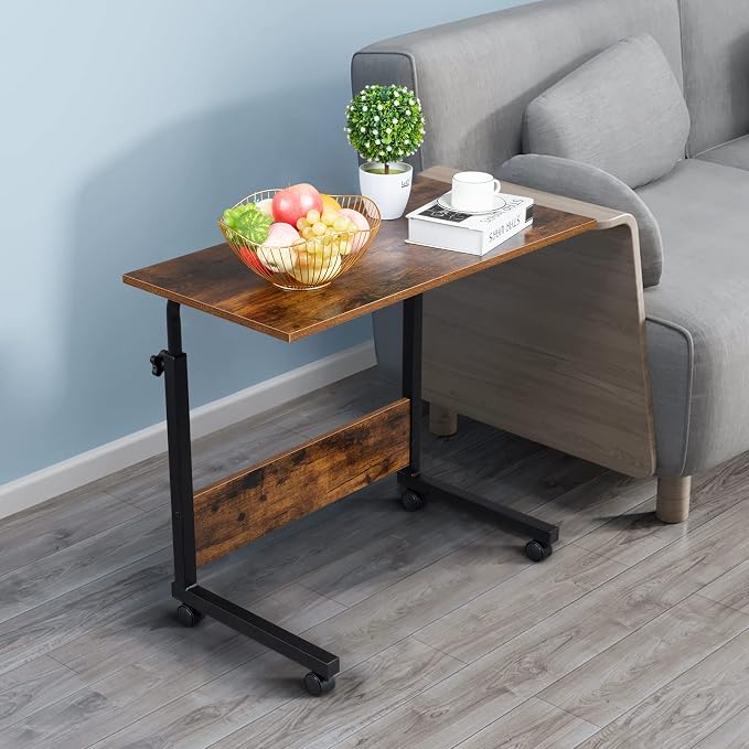 TV Tray Bed Side Table, Portable Rolling Desk Hospital Bed Laptop Table, Small Standing Desk with Wheels Adjustable Height for Sofa, Bedside, Tablet Use, Secure Non Tilt, 31.5" W, Brown